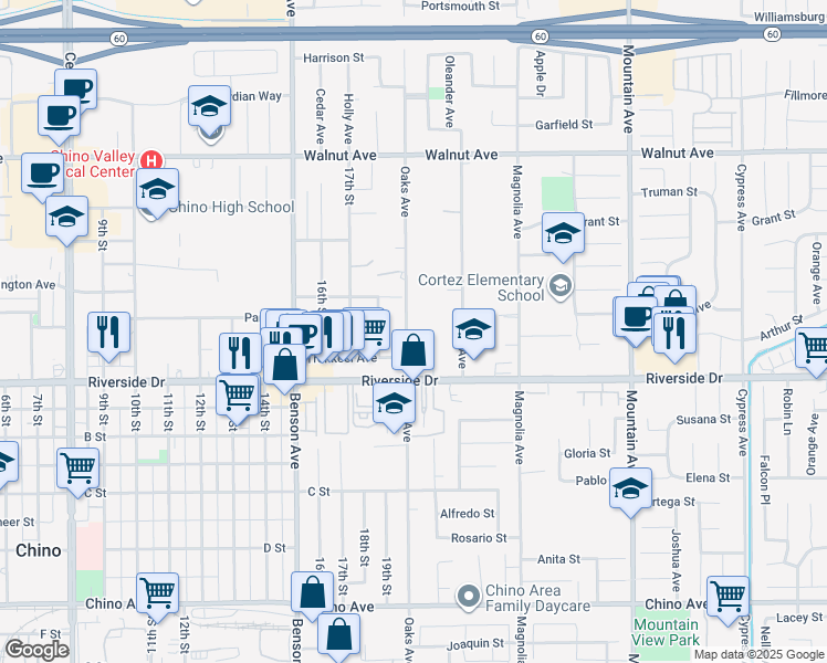 map of restaurants, bars, coffee shops, grocery stores, and more near 12811 Oaks Avenue in Chino