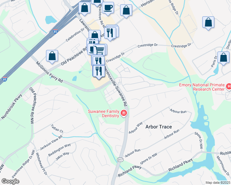 map of restaurants, bars, coffee shops, grocery stores, and more near 2666 Lawrenceville-Suwanee Road in Suwanee