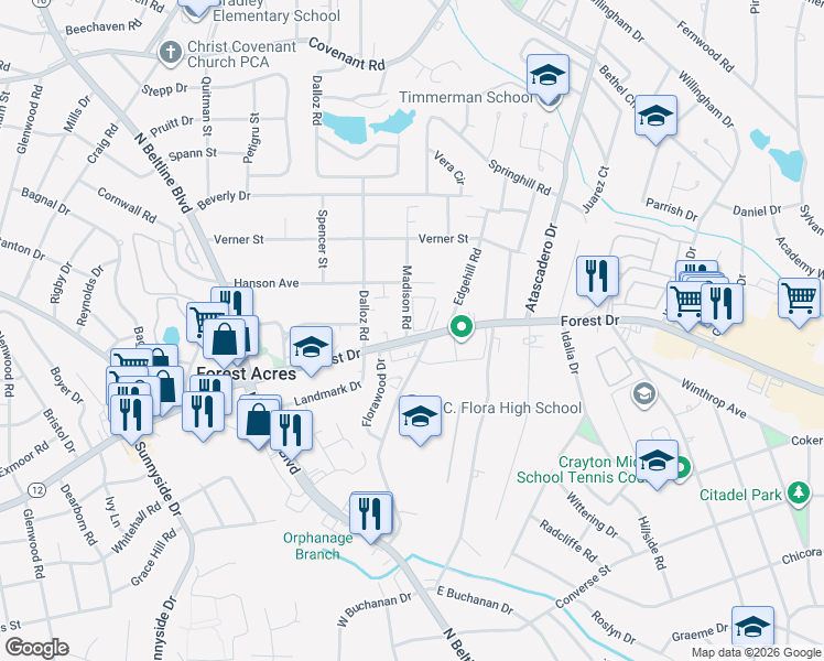 map of restaurants, bars, coffee shops, grocery stores, and more near 1718 Madison Road in Columbia