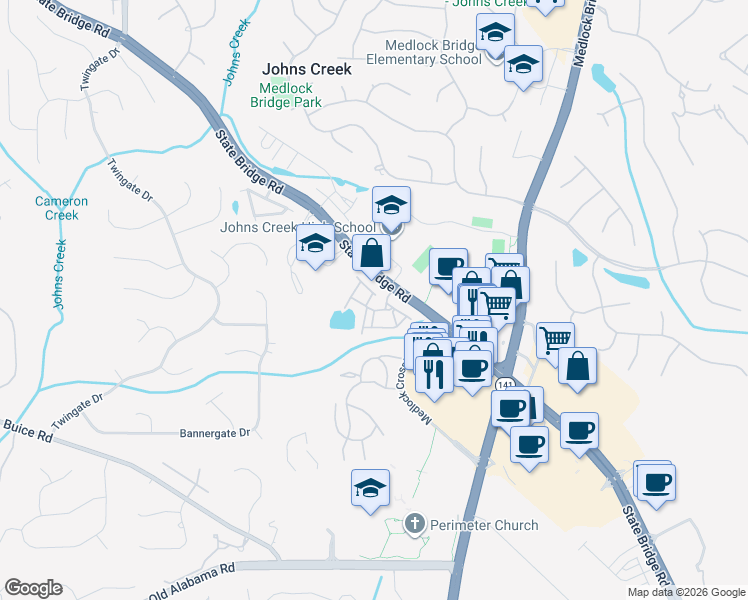 map of restaurants, bars, coffee shops, grocery stores, and more near 9778 Alberton Lane in Alpharetta