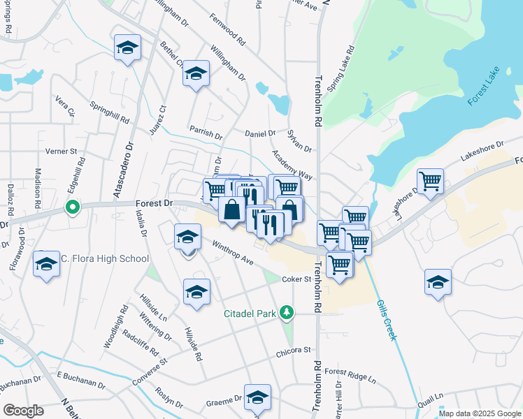 map of restaurants, bars, coffee shops, grocery stores, and more near 4615 Forest Drive in Columbia