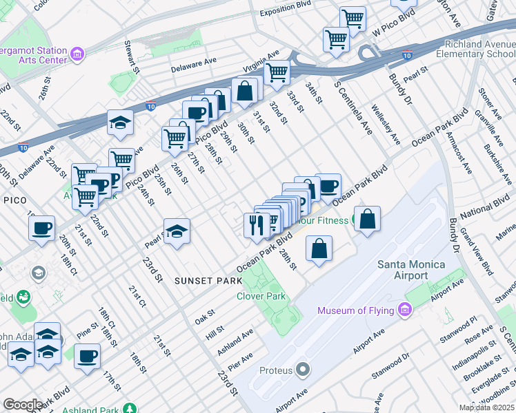 map of restaurants, bars, coffee shops, grocery stores, and more near 2615 28th Street in Santa Monica