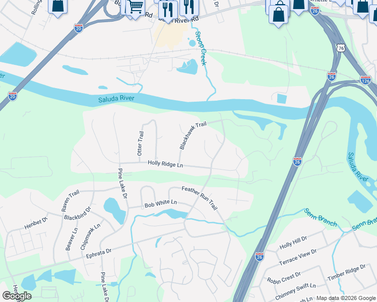 map of restaurants, bars, coffee shops, grocery stores, and more near 124 Holly Ridge Lane in West Columbia