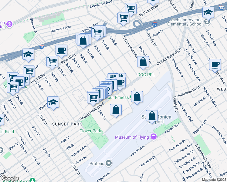 map of restaurants, bars, coffee shops, grocery stores, and more near 2666 31st Street in Santa Monica