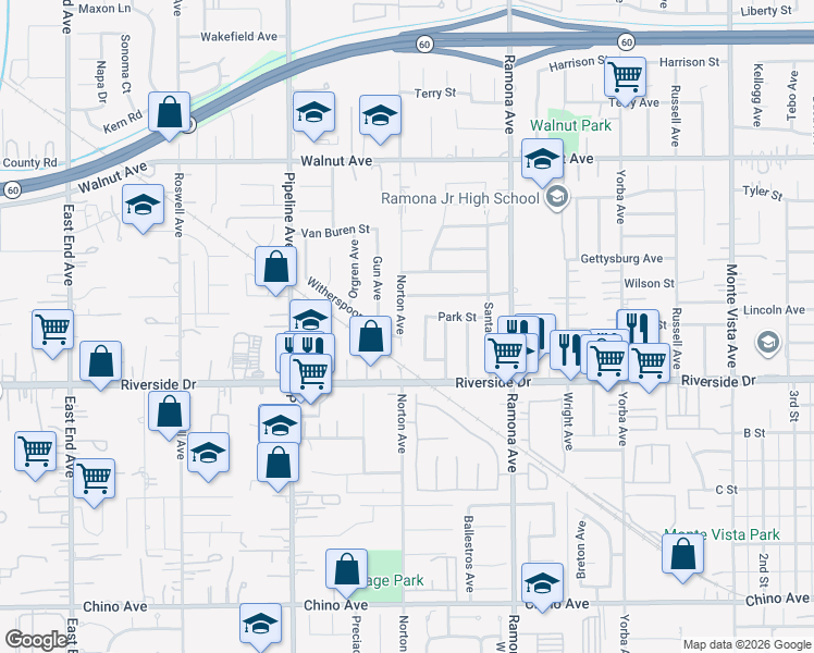 map of restaurants, bars, coffee shops, grocery stores, and more near 12841 Norton Avenue in Chino