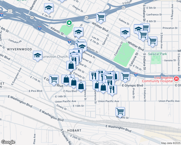 map of restaurants, bars, coffee shops, grocery stores, and more near 1178 Spence Street in Los Angeles