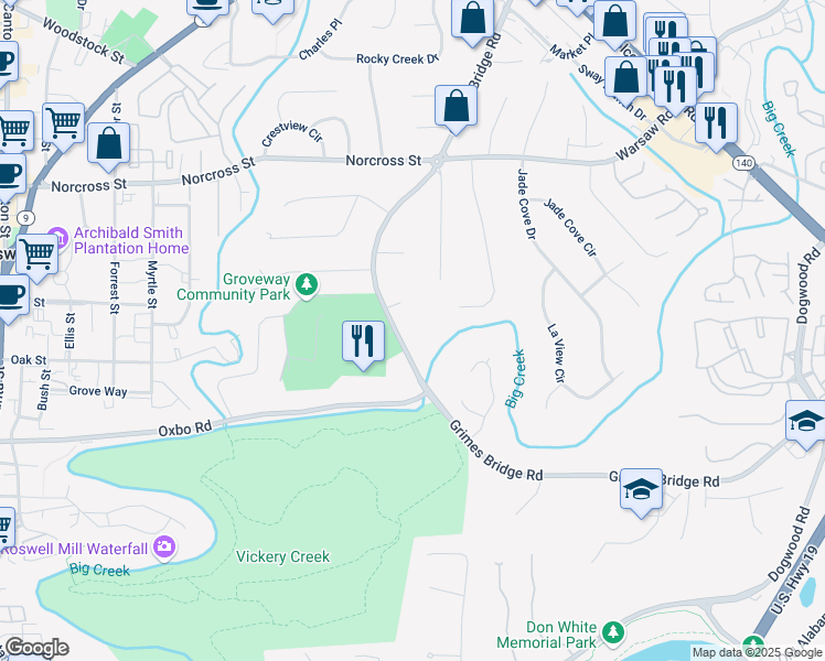map of restaurants, bars, coffee shops, grocery stores, and more near 815 Grimes Bridge Road in Roswell