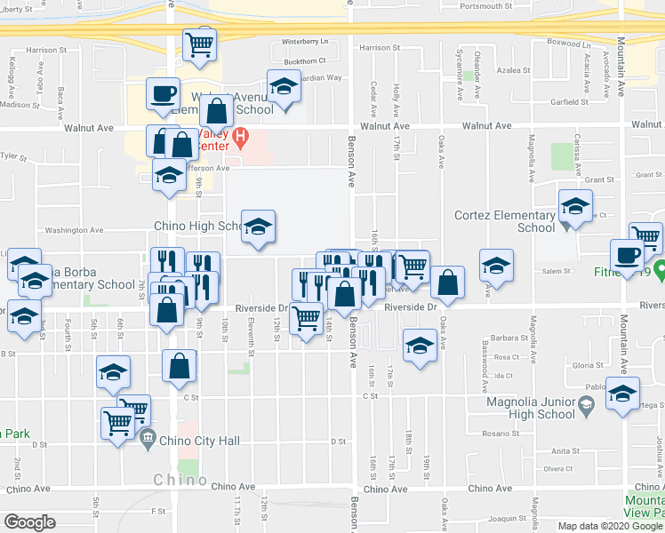map of restaurants, bars, coffee shops, grocery stores, and more near 5640 Riverside Drive in Chino