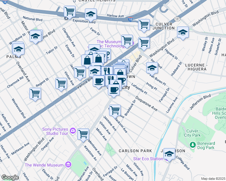 map of restaurants, bars, coffee shops, grocery stores, and more near 9901 Washington Boulevard in Culver City