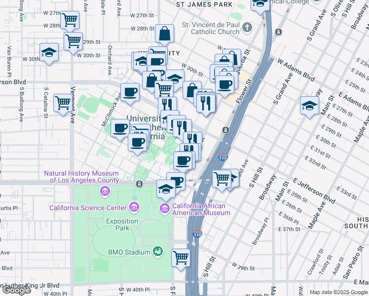 map of restaurants, bars, coffee shops, grocery stores, and more near 655 USC McCarthy Way in Los Angeles