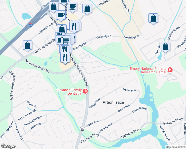 map of restaurants, bars, coffee shops, grocery stores, and more near 2478 Brynfield Cove in Suwanee