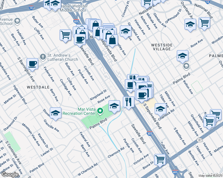 map of restaurants, bars, coffee shops, grocery stores, and more near 3340 Sawtelle Boulevard in Los Angeles
