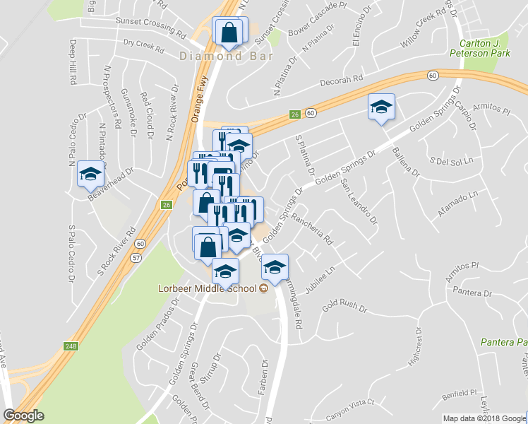 map of restaurants, bars, coffee shops, grocery stores, and more near 304 Torito Lane in Diamond Bar
