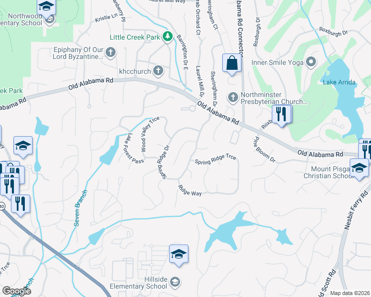 map of restaurants, bars, coffee shops, grocery stores, and more near 105 Spring Ridge Court in Roswell