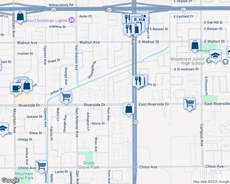 map of restaurants, bars, coffee shops, grocery stores, and more near 2911 South Via Belamaria in Ontario