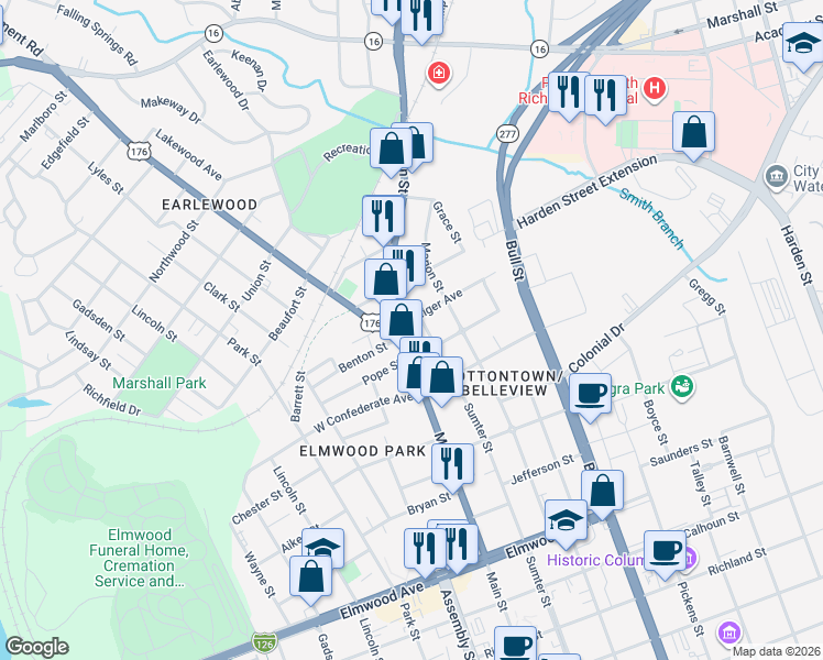 map of restaurants, bars, coffee shops, grocery stores, and more near 2720 Main Street in Columbia
