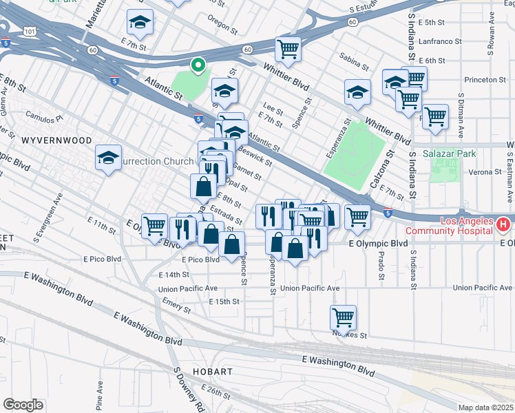 map of restaurants, bars, coffee shops, grocery stores, and more near 1178 Spence Street in Los Angeles