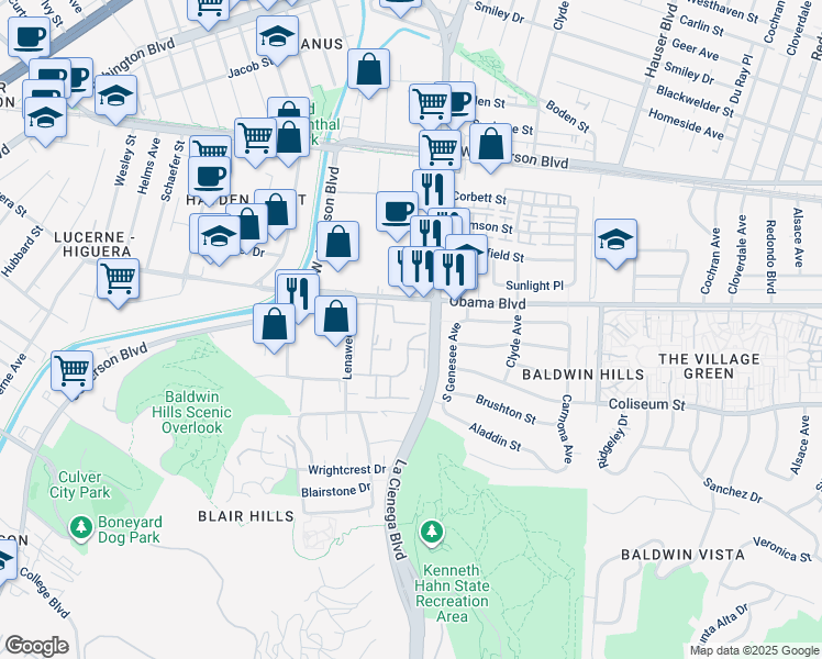 map of restaurants, bars, coffee shops, grocery stores, and more near 5823 Bowcroft Street in Los Angeles