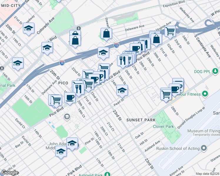 map of restaurants, bars, coffee shops, grocery stores, and more near 2223 24th Street in Santa Monica