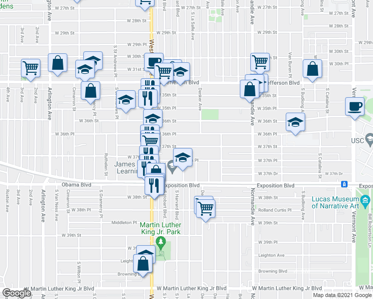 map of restaurants, bars, coffee shops, grocery stores, and more near 1590 West 37th Street in Los Angeles