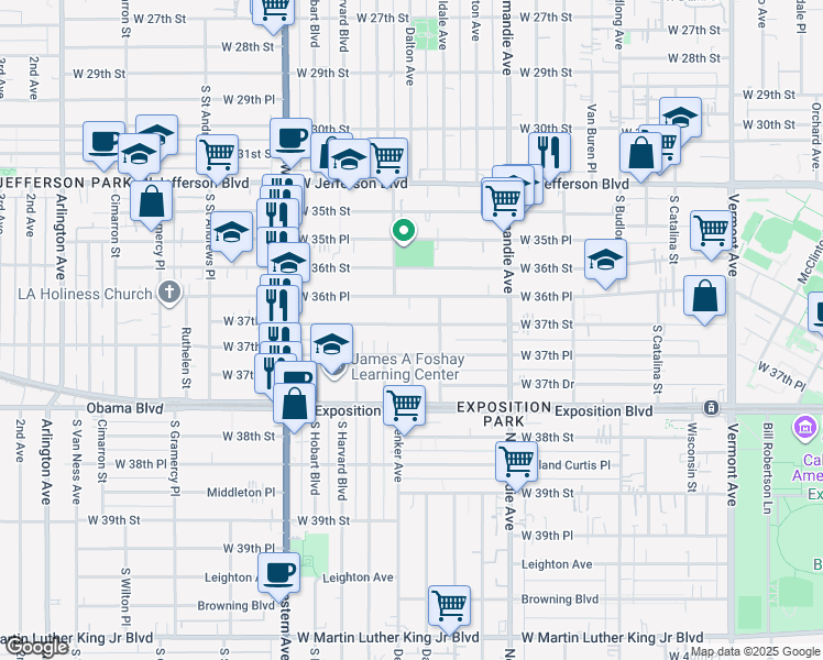 map of restaurants, bars, coffee shops, grocery stores, and more near 1514 West 36th Place in Los Angeles