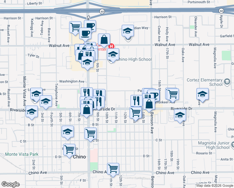 map of restaurants, bars, coffee shops, grocery stores, and more near 5472 Park Place in Chino