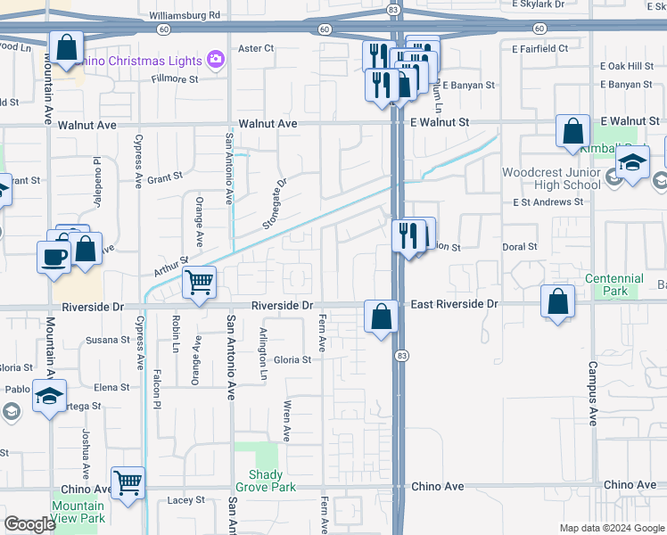 map of restaurants, bars, coffee shops, grocery stores, and more near 2890 South Via Belamaria in Ontario