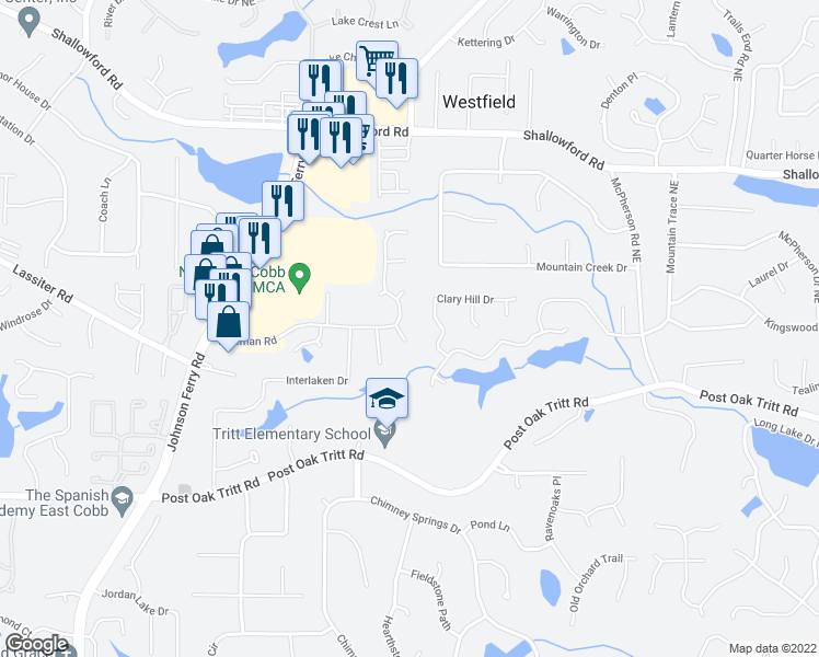 map of restaurants, bars, coffee shops, grocery stores, and more near 4571 Snowchase Way in Marietta