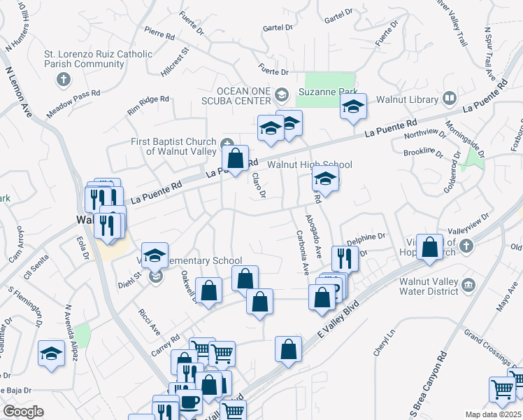map of restaurants, bars, coffee shops, grocery stores, and more near 20537 East Vejar Road in Walnut