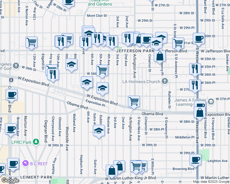 map of restaurants, bars, coffee shops, grocery stores, and more near 3673 3rd Avenue in Los Angeles
