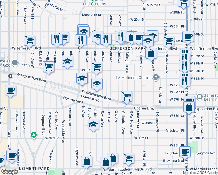 map of restaurants, bars, coffee shops, grocery stores, and more near 3673 3rd Avenue in Los Angeles
