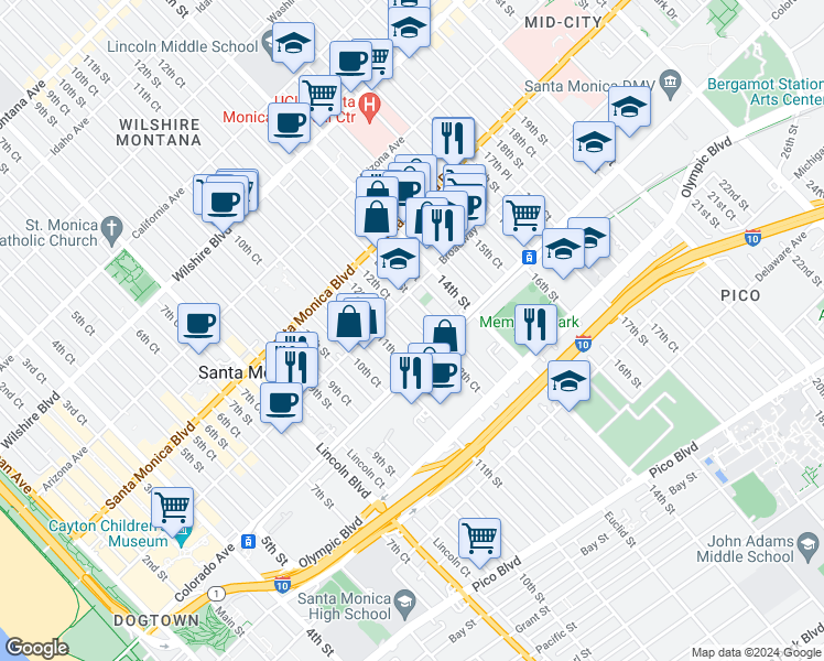 map of restaurants, bars, coffee shops, grocery stores, and more near 1531 12th Street in Santa Monica