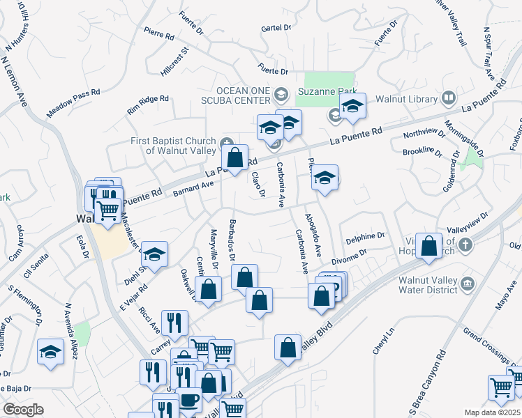 map of restaurants, bars, coffee shops, grocery stores, and more near 20537 East Vejar Road in Walnut