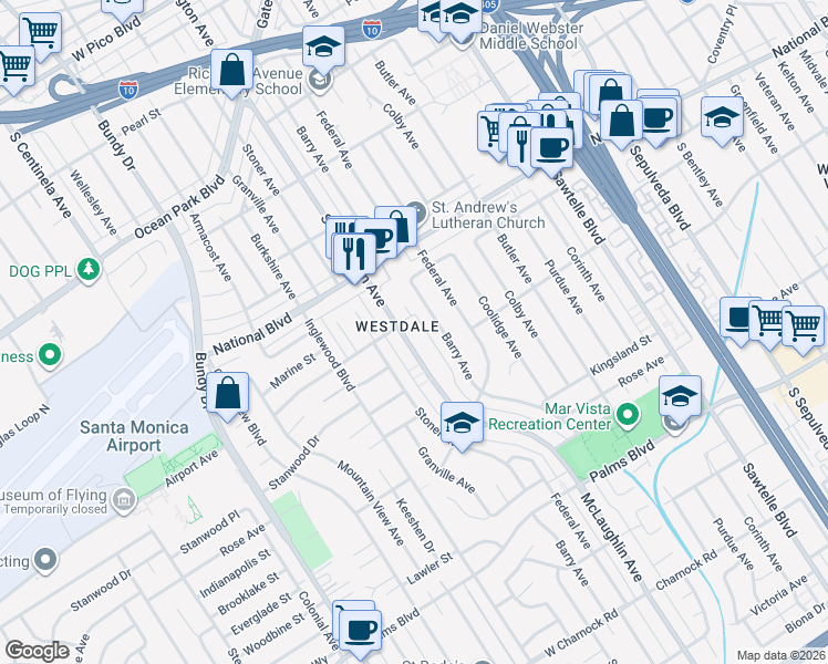map of restaurants, bars, coffee shops, grocery stores, and more near 3152 South Barrington Avenue in Los Angeles