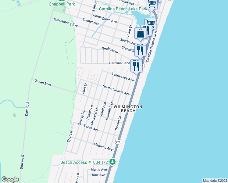 map of restaurants, bars, coffee shops, grocery stores, and more near 401 Carolina Beach Avenue South in Carolina Beach