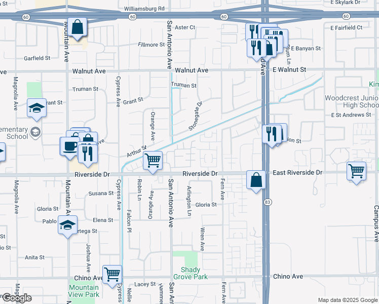 map of restaurants, bars, coffee shops, grocery stores, and more near 6766 Foxcroft Court in Chino