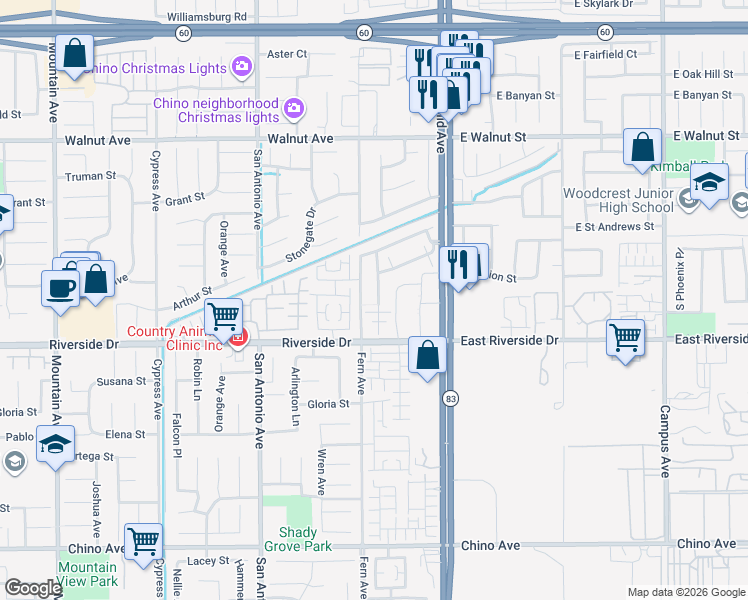 map of restaurants, bars, coffee shops, grocery stores, and more near 2890 South Via Belamaria in Ontario