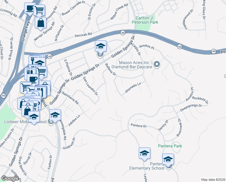 map of restaurants, bars, coffee shops, grocery stores, and more near 501 Bregante Drive in Diamond Bar
