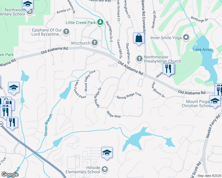 map of restaurants, bars, coffee shops, grocery stores, and more near 105 Spring Ridge Court in Roswell