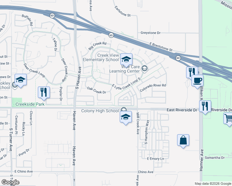 map of restaurants, bars, coffee shops, grocery stores, and more near 3718 Elk Creek Way in Ontario