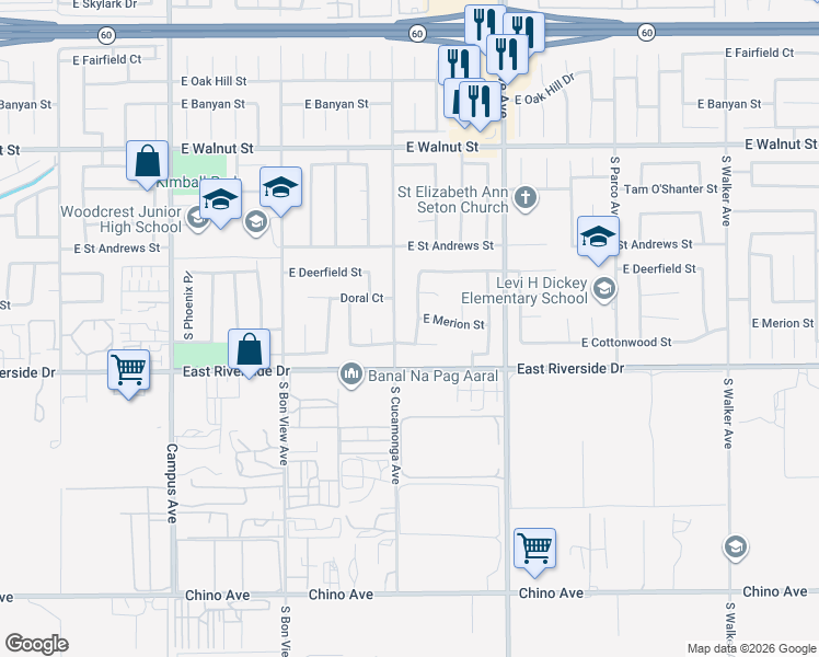 map of restaurants, bars, coffee shops, grocery stores, and more near 2851 South Marigold Avenue in Ontario