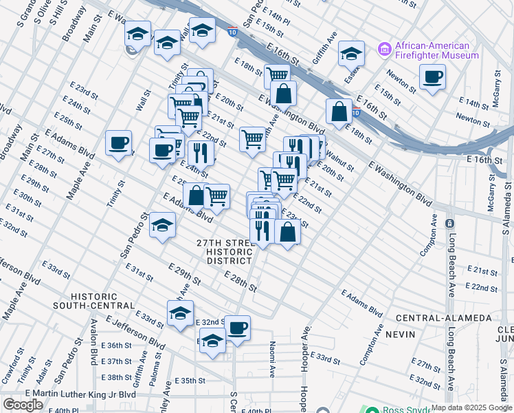 map of restaurants, bars, coffee shops, grocery stores, and more near 1145 East 24th Street in Los Angeles