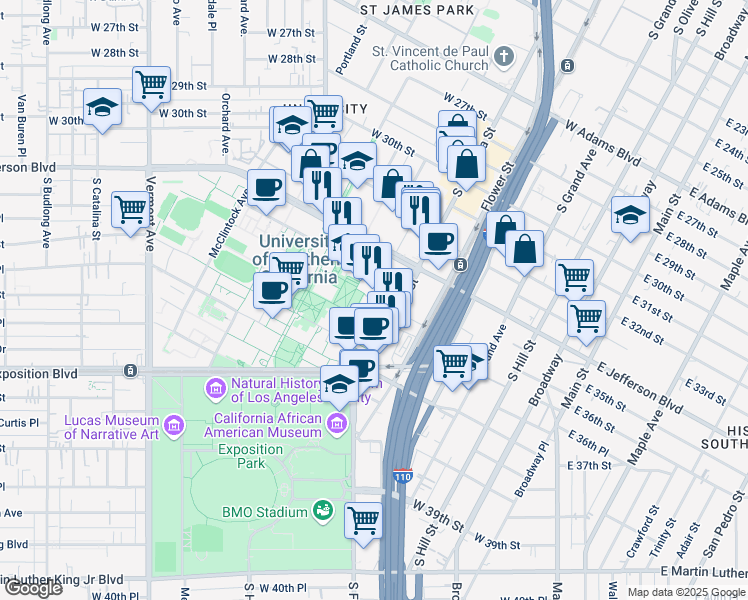 map of restaurants, bars, coffee shops, grocery stores, and more near 642 West 34th Street in Los Angeles