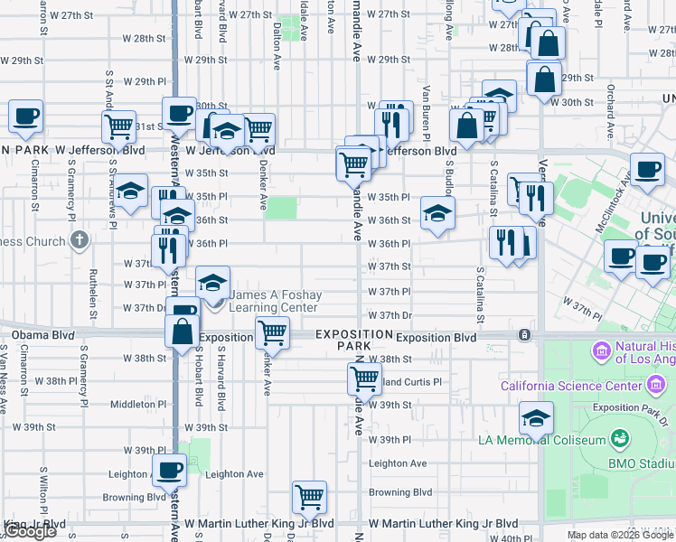 map of restaurants, bars, coffee shops, grocery stores, and more near 3661 Normandie Avenue in Los Angeles