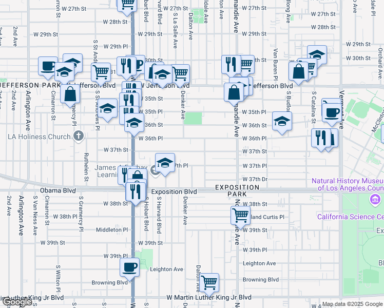 map of restaurants, bars, coffee shops, grocery stores, and more near 1514 West 36th Place in Los Angeles