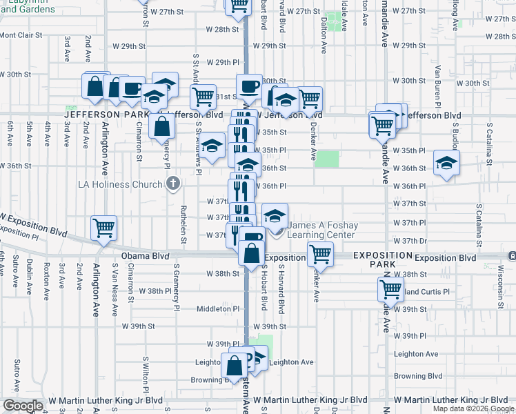 map of restaurants, bars, coffee shops, grocery stores, and more near 1660 West 36th Place in Los Angeles