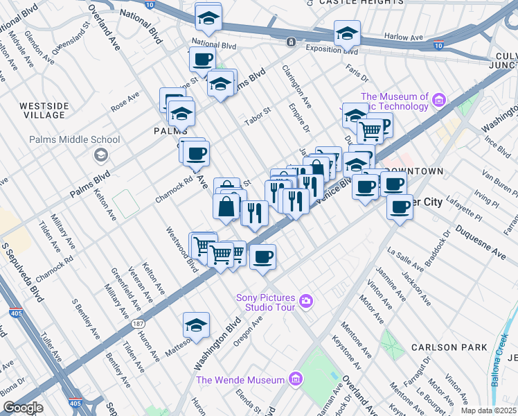 map of restaurants, bars, coffee shops, grocery stores, and more near 3737 Motor Avenue in Los Angeles
