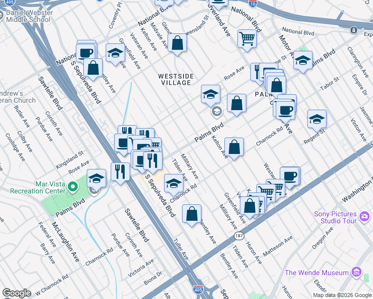 map of restaurants, bars, coffee shops, grocery stores, and more near 3467 Greenfield Avenue in Los Angeles