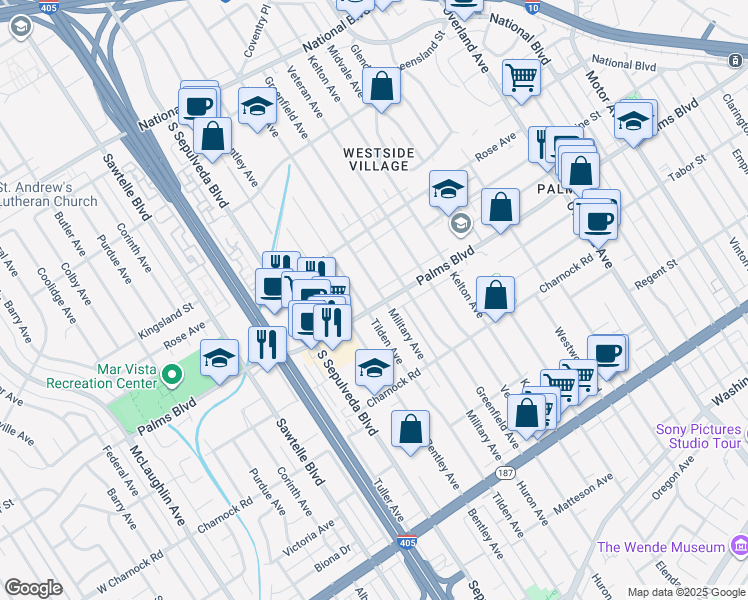 map of restaurants, bars, coffee shops, grocery stores, and more near 3467 Greenfield Avenue in Los Angeles