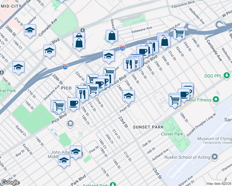 map of restaurants, bars, coffee shops, grocery stores, and more near 2223 24th Street in Santa Monica